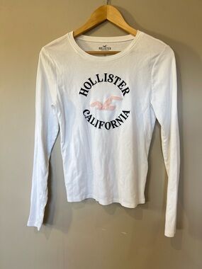 Hollister White Long-Sleeve Tee with Pink Logo